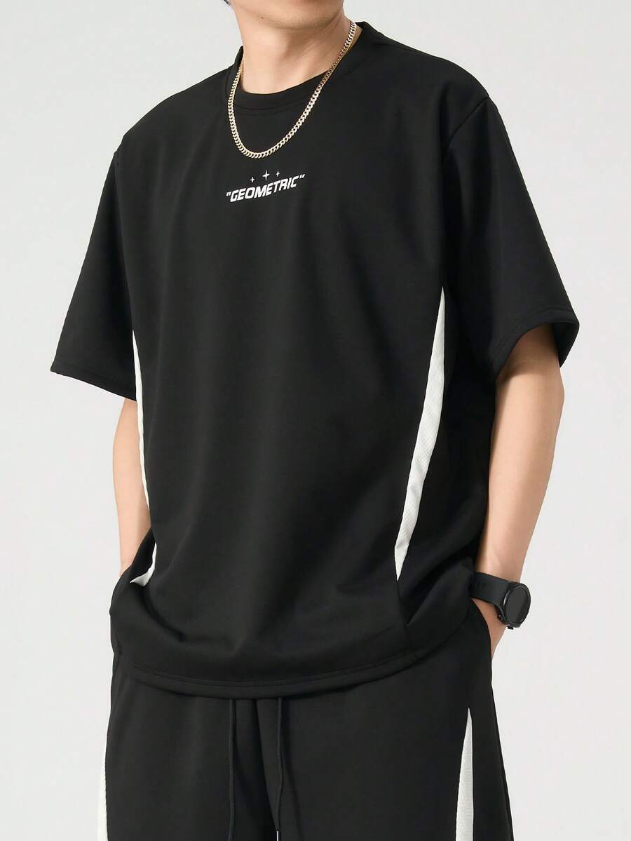 Plus Size Quick-Dry Sports T-Shirt, Fashionable Casual Round Neck Short Sleeve T-Shirt, Suitable For All Seasons - Black - View 1