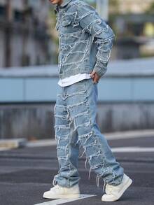Men's Long Sleeve Distressed Denim Jacket With Fringe Collar, Retro Fashion Slim Fit Denim Top, Emo Style, For Fall - Blue - View 4