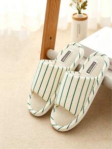 Zapatillas de lino con estampado de rayas minimalista japonés para parejas, sandalias interiores con suela suave de 3 cm, absorbentes y transpirables, ideales para primavera y otoño - Blanco y verde - Ver 1