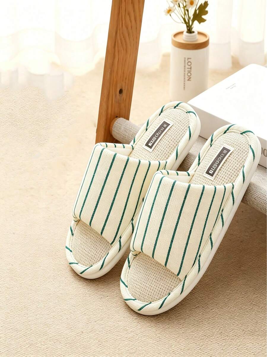 Zapatillas de lino con estampado de rayas minimalista japonés para parejas, sandalias interiores con suela suave de 3 cm, absorbentes y transpirables, ideales para primavera y otoño - Blanco y verde - Ver 1