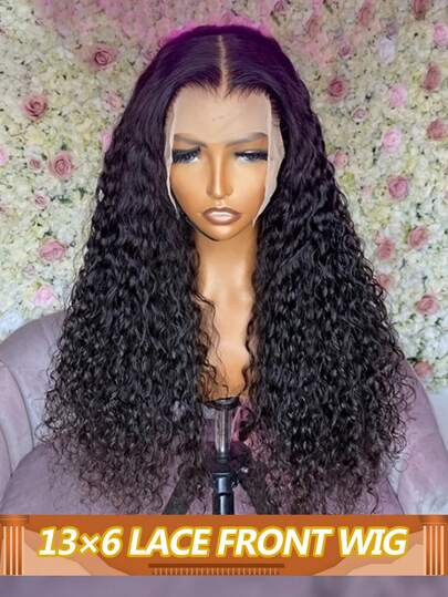 水波纹蕾丝前假发，真人发，180%密度，13x6透明蕾丝前假发，真人发，预先拔毛，深卷发假发，女士真人发