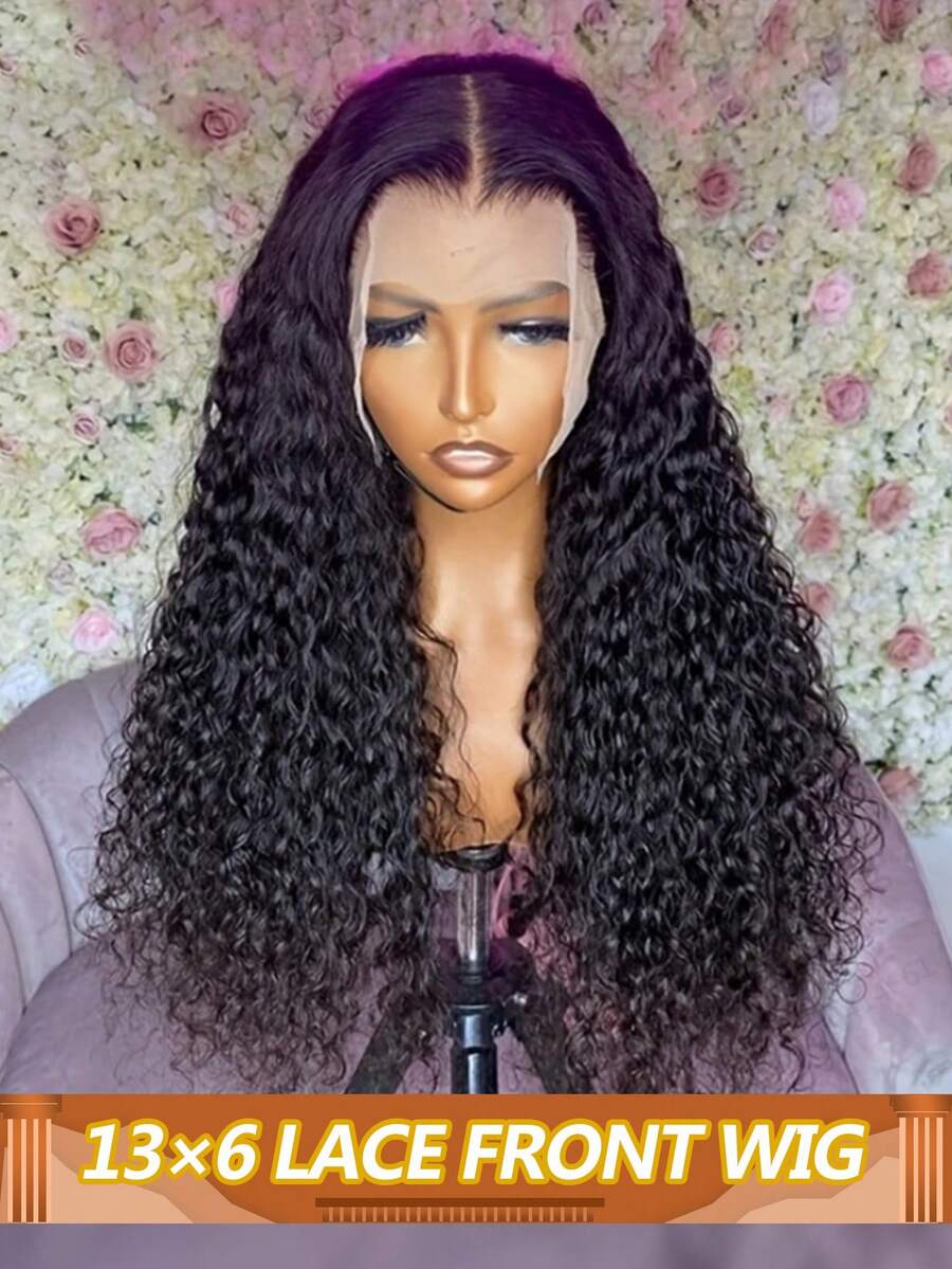 水波纹蕾丝前假发，真人发，180%密度，13x6透明蕾丝前假发，真人发，预先拔毛，深卷发假发，女士真人发 - Natural Black - 查看 1