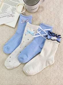1/4 双甜美淡蓝色蝴蝶结荷叶边中筒袜，春夏百搭 - 彩色 - 查看 3