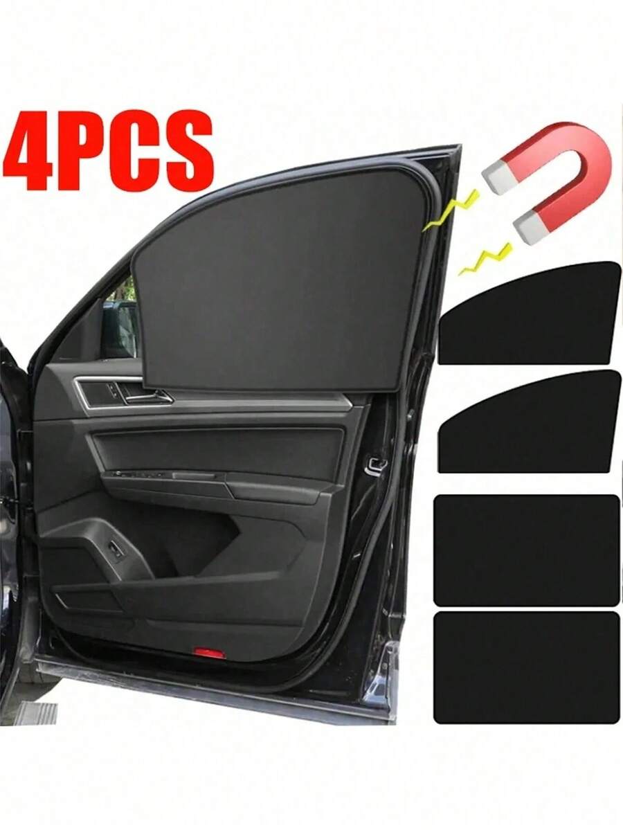 4pcs Magnetic Sunshade Set, Summer UV Protection Car Side Window Front And Rear Window Mesh Sunshade Cover, Car Accessories, Suitable As Gift For Friends, Graduation Gift, Back To School Gift, Christmas Decoration, Valentine's Day Gift, Gift For Parents, Halloween, Thanksgiving, Personalized Gift, Birthday Gift, New Year Gift - Black Vinyl Version - View 1