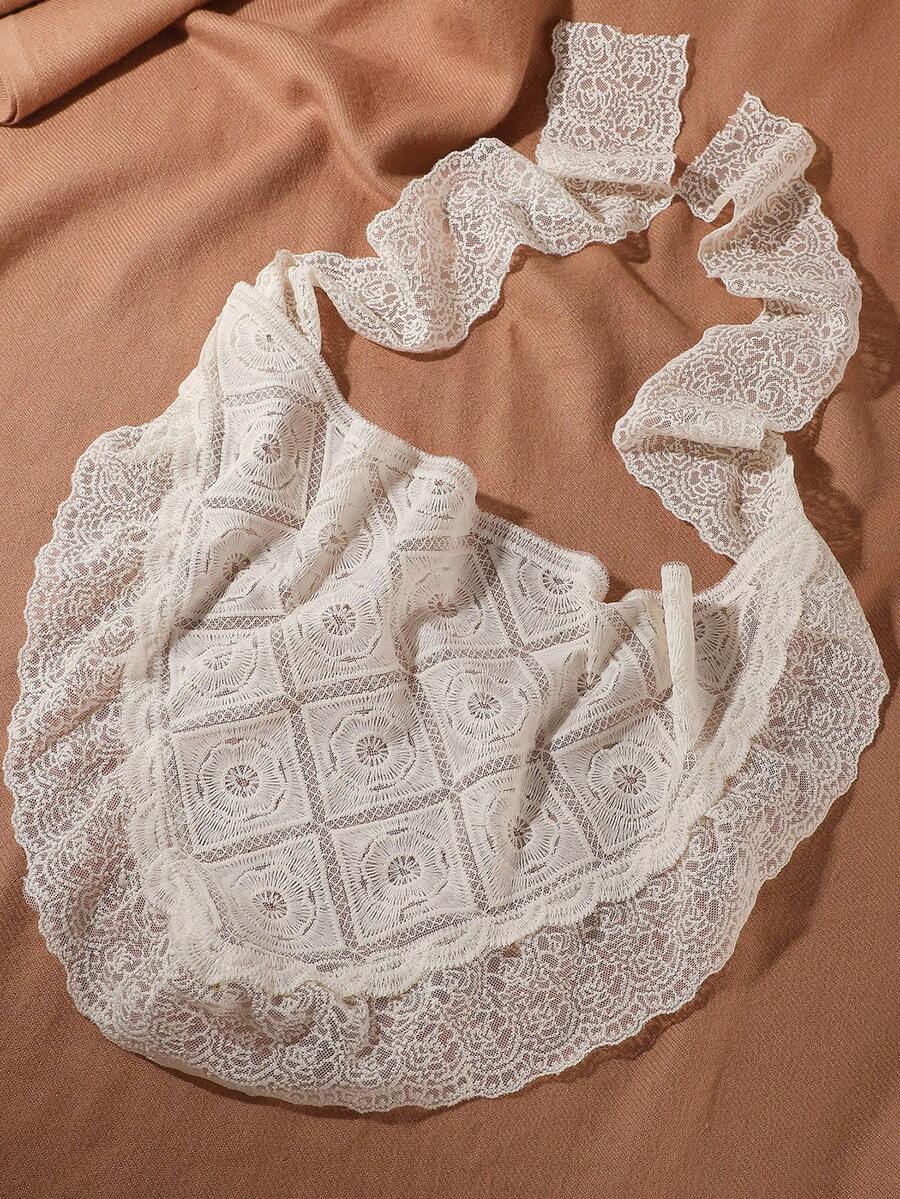 1pc French Romantic Vintage Square Contrast Lace Countryside Style Photo Prop Accessory, Casual Versatile Fashion Headscarf, Suitable For Beach, Dates, Gatherings, Commute, Can Also Be Used As Belt, Bag Decoration, Bohemian Style Scarf For Women,Travel Essential,Holiday - Off White - View 1