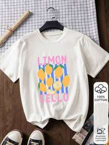 Women's Short-Sleeve Lemon Fruit Letter Print Casual Summer T-Shirt, Retro Sports Lunar New Year.Summer Outfits For Women,Vacation Outfits Women,Summer Topsconjunto De Mujeres Eleantes,Eleance - 白色 - 查看 6