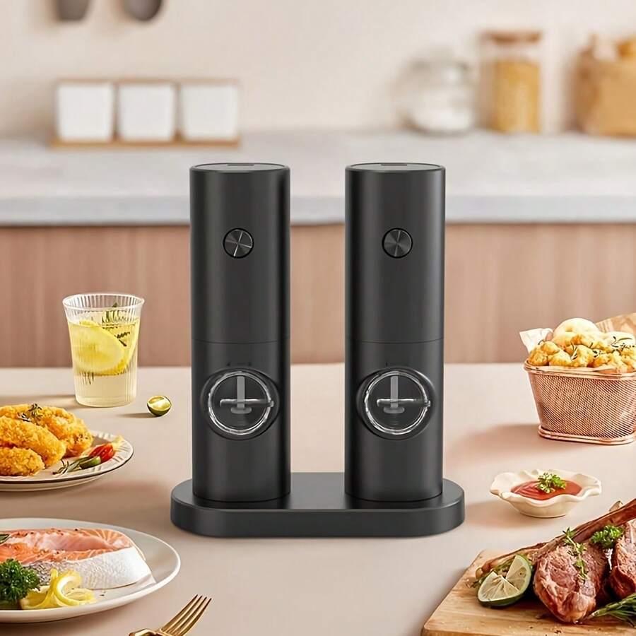 2pcs Electric Salt And Pepper Grinder Set, Adjustable Coarseness, Ceramic Grinding Core, One-Handed Operation For Tabletop, Cooking Accessory [Modern Kitchen Tool | Refillable Grinder Operation, Refillable, LED Light, Compact Design Suitable For Kitchen And Dining Room, Battery-Operated (Batteries Not Included)