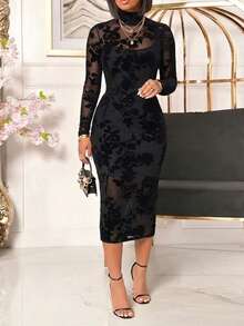 ChicMe 2 pezzi/Set Abito midi aderente da donna in velluto con fiori e rete, collo alto, con fodera, abito canottiera elegante per feste, cocktail, vacanze, nero, estivo - nero - Visualizzare 3