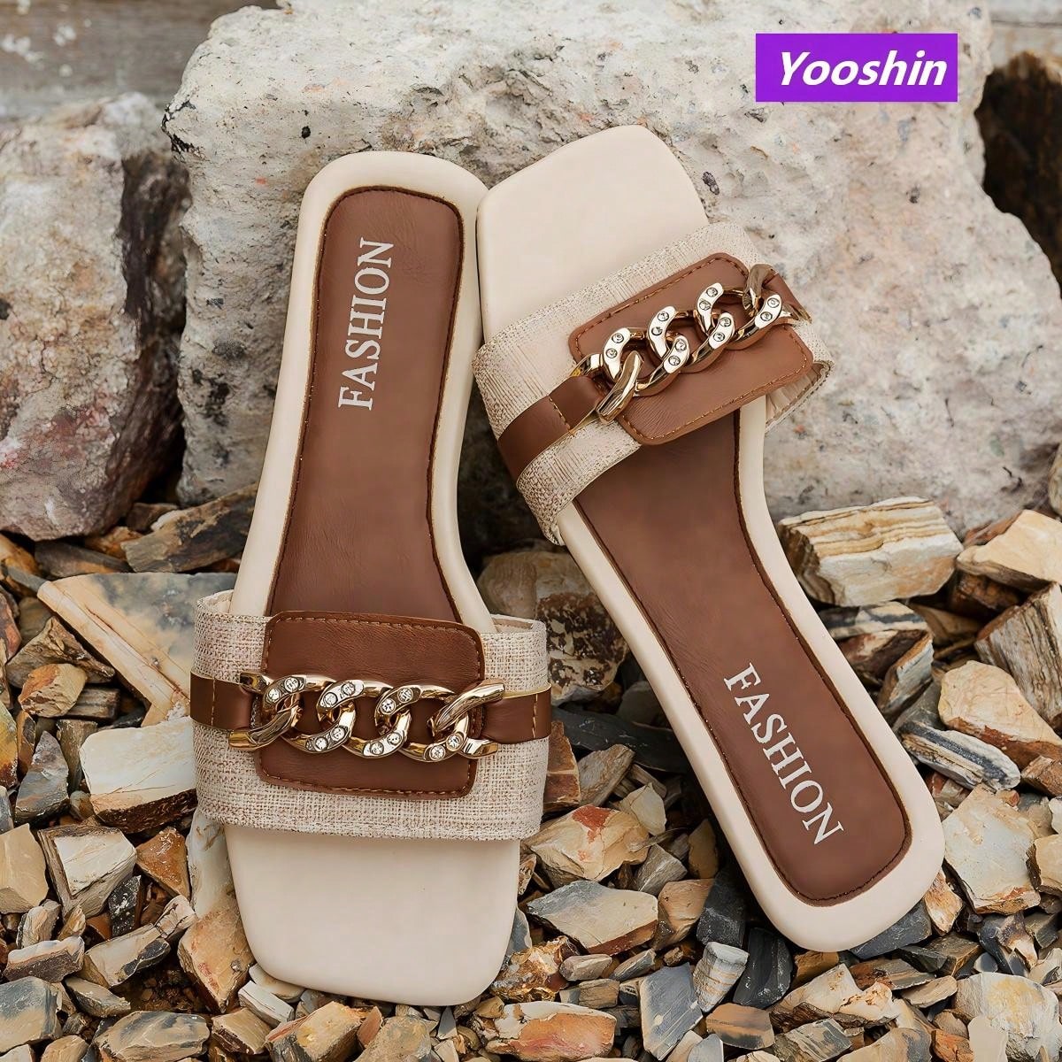 Sandalias planas de punta cuadrada para mujer, con decoración de cadena y rhinestones, ligeras y cómodas, para combinar y combinar, de slip-on casua