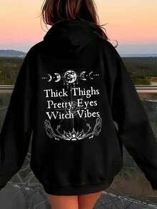 Women's Witchcraft Moon Phase And "Thick Legs Beautiful Eyes Witch Style" Pattern Hoodie - Gothic Font, Crescent Moon Print, Casual Pullover, Suitable - 黑色 - 查看 11