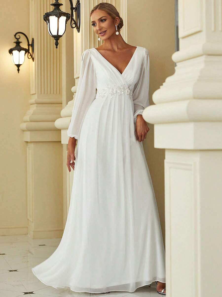 V-Neck Slit Lantern Sleeve Embroidered White Dress, Suitable For Wedding, Party, Bridal Shower, Engagement, Spring/Summer - White - View 1
