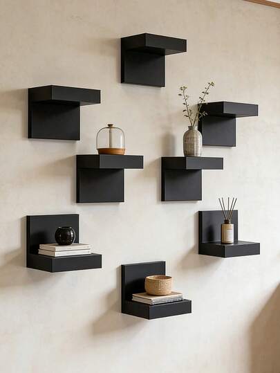 6 piezas/2 piezas/1 pieza Estantería de almacenamiento de pared de color negro profundo y pared gruesa, estante flotante moderno, estantería estrecha ahorradora de espacio con soporte de placa de hierro, fijación con tornillos, adecuada para el hogar y la oficina