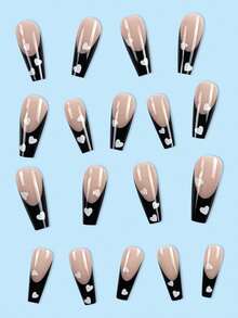 24 piezas de uñas postizas en forma de ataúd largas con diseño francés de corazones, estilo Y2K, incluye esmalte de gel y lima de uñas, adecuado para fiestas, eventos y uso diario, para mujeres y niñas, incluye herramientas de manicura, set de arte de uñas moldeable - Multicolor - Ver 3