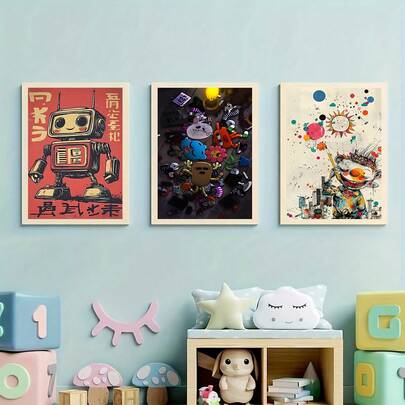 1/3 bức tranh nhân vật hoạt hình robot cổ điển tạo điểm nhấn sống động cho trang trí tường. Tranh canvas 2D phẳng, nhiều màu sắc, hình ảnh các nhân vật hoạt hình rải rác. Tranh nghệ thuật pop art độc đáo và siêu thực mô tả một đứa trẻ với những quả bóng bay. Được thiết kế như tranh phong cảnh thành phố với những vệt mực loang màu sắc rực rỡ, thích hợp cho phòng trẻ em.