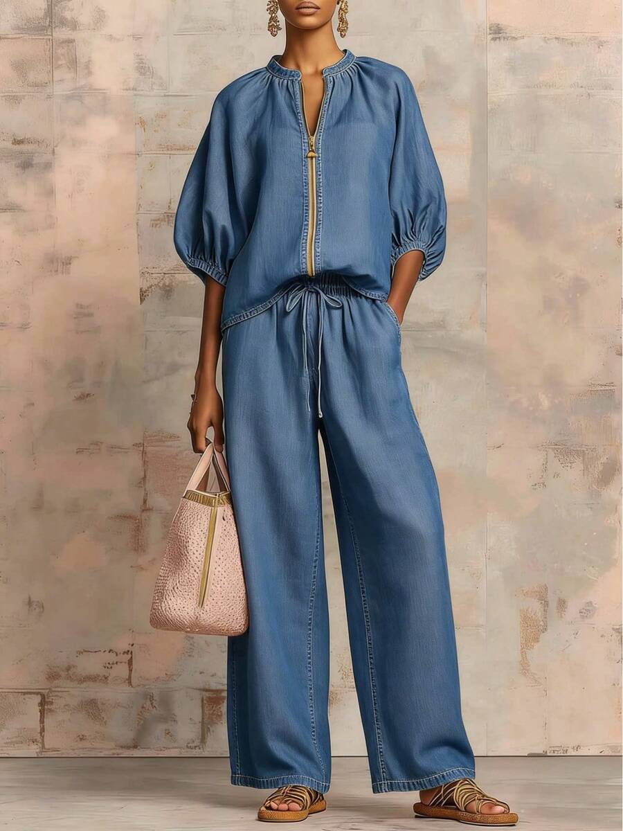 2026 Summer New European And American Women's Casual Loose Solid Color Zipper Round Neck Wide-Leg Pants Set For Women - 牛仔藍 - 查看 1