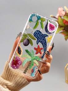 Tropical Paradise Print Pattern Phone Case - "Whale Shark & Palm Tree" Pattern With Beaded Art, Clear Anti-Drop Case For Travel Lovers Compatible With IPhone &Compatible With Samsung - Multicolor - View 6