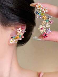 1 Pair Fashion Party Colorful Floral Crystal Glass Luxury High-End Niche Design Cartilage Clip Earrings, Unique Beautiful Exaggerated Elegant Women Earrings - 銀色 - 查看 6