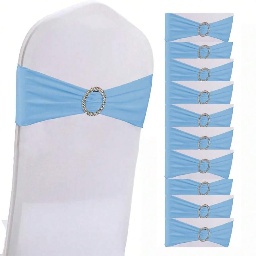 10pcs Elastic Chair Bows With Round Buckle Sliders, Spandex Chair Ties For Graduation, Prom, Wedding, Party Decoration - Sky Blue - View 1