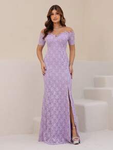 Long, Off-The-Shoulder Party Dress With Lace And Glitter. - Lila Púrpura - Ver 2