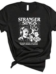 T-shirts graphiques Stranger Sings T-Shirt_ Parodie musicale de science-fiction des années 80, T-shirt graphique amusant, à la mode, sexy, avant-gardiste et personnalisé, en tissu opaque, convient pour les cadeaux de la Saint-Valentin, du Nouvel An et du début de la saison scolaire, T-shirt unisexe, top de culturisme avec cœur et slogan, style boyfriend, tenue décontractée - Noir - Voir 8