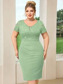 Plus Size Deep V-Neck Sequin Floral Lace Ruffle Hem Bodycon Dress Summer Elegant - Mint Green - View 5
