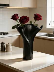 1pc Modern Minimalist Wavy Rim Black Vase With Decorative Reed, Suitable For Home, Office, Windowsill, Tabletop, Center Decor, Floral Arrangement - A - View 7