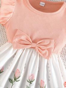 Vestido de verano para niñas pequeñas con estampado de retazos y mangas cortas, vestido casual con lazo para niñas pequeñas versátil para vacaciones - Rosa - Ver 6