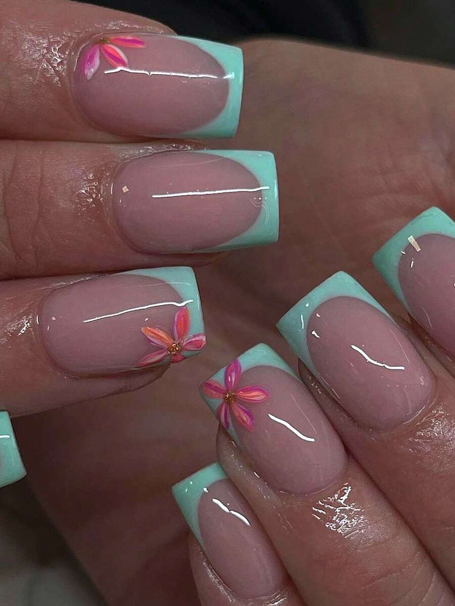 24片Y2K风格蓝色方形法式美甲贴纸，花卉闪粉设计，适合春夏佩戴。这款易于佩戴的亚克力假指甲套装包含1瓶凝胶胶水和1个指甲锉，适合女性和女孩日常及派对使用。 - 彩色 - 查看 1