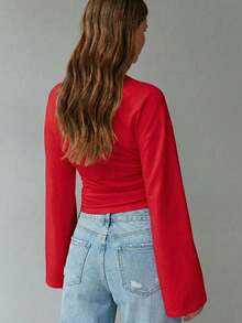 Camiseta corta casual de mujer con manga murciélago y cintura ajustada para uso diario en otoño e invierno, tops y conjuntos de otoño e invierno para mujer, ropa de invierno, tops para salir - Rojo - Ver 7