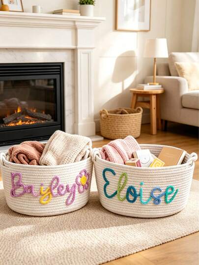 1pc Personalized Name Cotton Rope Storage Basket Custom Embroidered White Woven Organizer With Colorful Lettering Decorative Storage Bin For Bedroom Living Room Bathroom Multipurpose Organizer For Books Blankets Cosmetics Thoughtful Gift For Friends Bridesmaid Housewarming Christmas Soft Sturdy Rope Basket With Handles