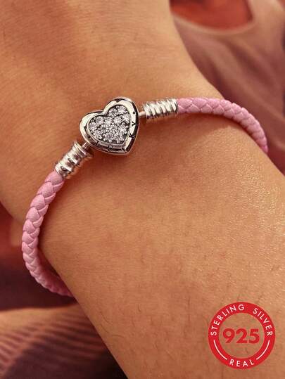1 pieza Pulsera de cordón de cuero con cuentas de corazón de doble cara de plata de ley 925 de 16-22cm, multicolor, regalo elegante de aniversario para mujeres, joyería exquisita, regalo del Día de San Valentín