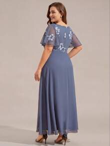 EVERPRETTY Elegant Round Neck Floral Beaded Embroidery Summer Formal Dress, Suitable For Mother Of The Bride Vacation Wedding Party - Dusty Blue - View 3