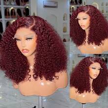 200% Density 99J Burgundy Short Kinky Curly 13x4 Lace Burgundy HD Lace Deep Wave Short Bob Wigs Human Hair Wigs 18 Inches - S99J - 查看 3