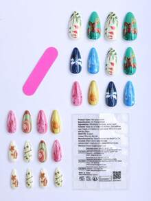 24 piezas Diseño de arte de uñas de almendra de verano que incorpora elementos de estilo de arte bohemio y graffiti como flores, libélulas y el sol. Uñas postizas acrílicas que crean un aspecto de arte de uñas único y artístico, adecuado para mujeres y mujeres jóvenes para diversas ocasiones como la vida diaria, citas y fiestas. - Multicolor - Ver 5