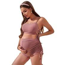 Vacation Style Maternity Beach Swimwear, Drawstring Side Slim Fit Maternity Bikini 2 Piece Set - màu xám hồng nhạt - Xem 5