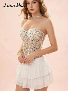 Luna Muse New Vintage Floral Embroidered Lace-Up Backless Bustier Crop Top, Sexy Y2K Style Bodycon Camisole, Elegant Fitted Sleeveless Bralette Top, Suitable For Daily, Party, Date, Street, Club, Casual, Punk, Thanksgiving, Music Festival, Christmas, New Year, Paired With Mini Skirt - Beige - View 5