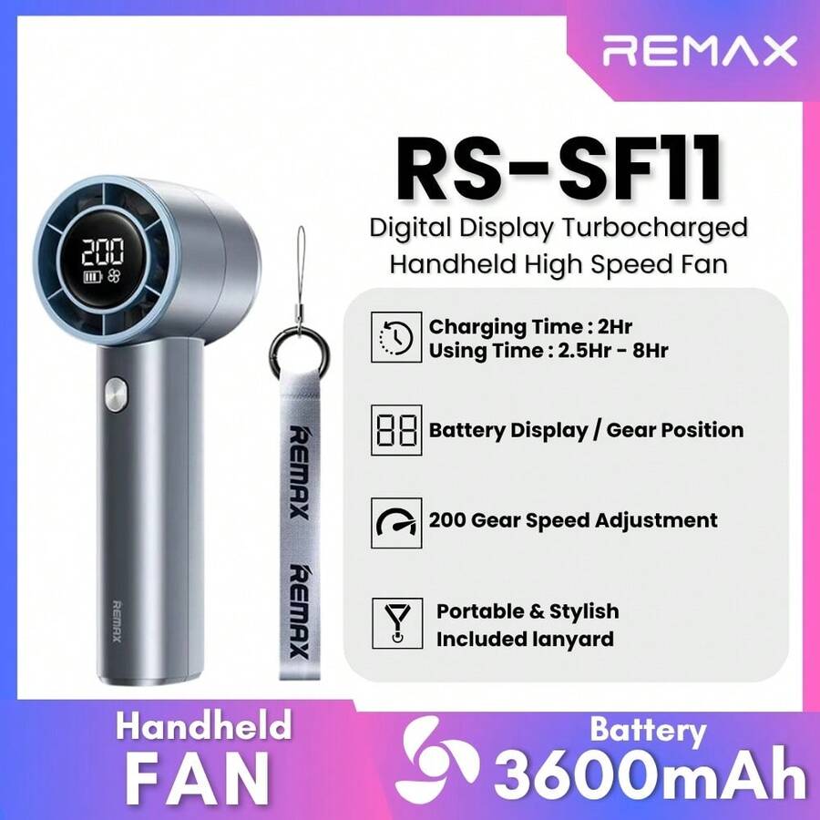 REMAX RS-SF11 Turbo Handheld Fan 200-Speed Digital Display 10m/S High-Speed Wind 3600mAh 12H Runtime Portable Handheld Fan - Multicolor - View 1