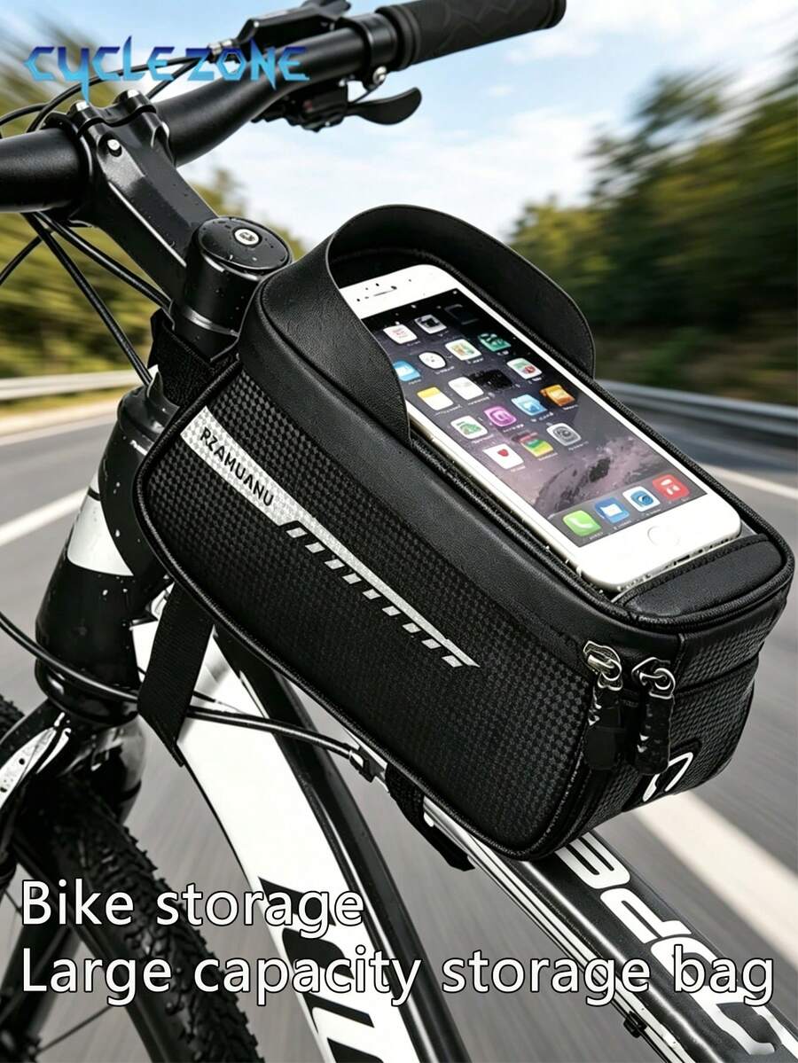 Cycle Zone حقيبة مقود الدراجة، حقيبة تخزين سعة كبيرة، حقيبة حامل العارضة الأمامية للدراجة، حامل هاتف شاشة لمس مقاوم للمطر، اكسسوارات الدراجة ومنظم الأدوات - متعدد الألوان - مشاهدة 1
