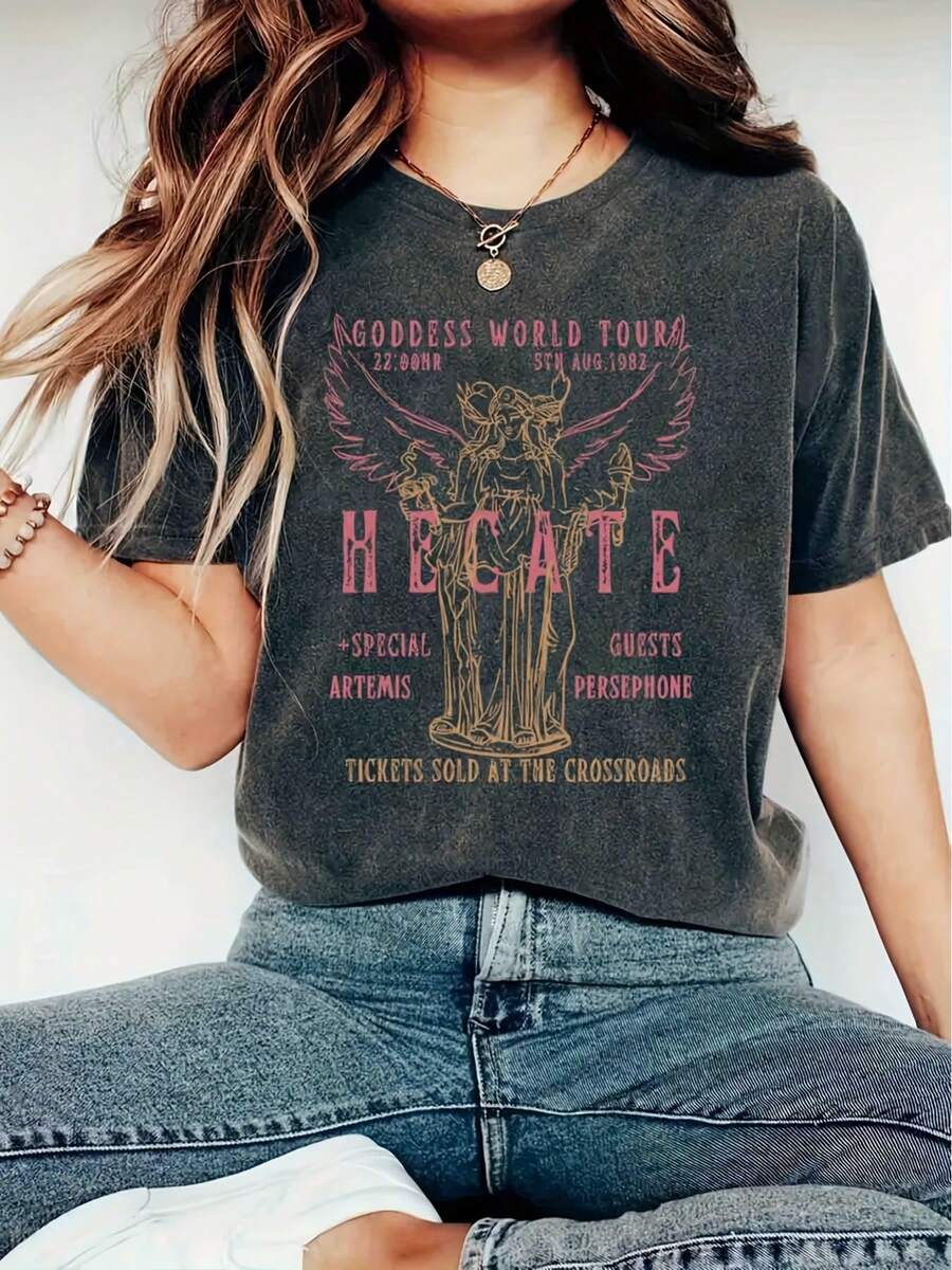 Vintage-Inspired Hecate Goddess Thement Graphic Print T-Shirt - Soft Polyester Knite Fabric Short Sleeve Crew Neck Top -Perfect For Women Spring & Summer Casual Casual Attirevacation Outfits Women Q7XS - 深灰色 - 查看 1