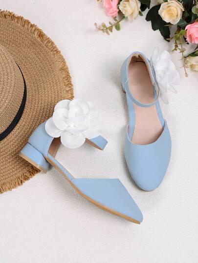 2026 New Soft & Cute Solid Color Fashion High Heel Sandals For Girls, Floral Casual High Heels, Bohemian Style Beautiful Girls' Dance High Heels, Non-Slip Rubber Sole Convenient Hook And Loop Design Princess High Heel Sandals For Girls Aged 5-17, Suitable For School, Party, Beach, Holiday, Versatile Children High Heels, Summer