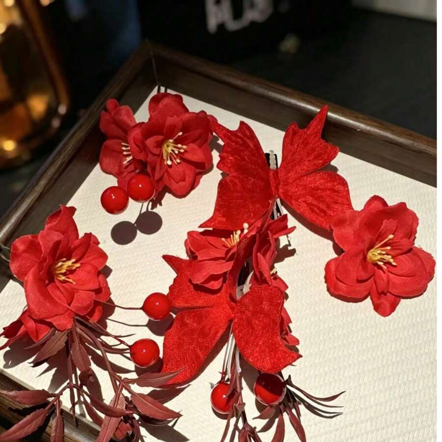 5pcs/Set New Chinese Style Bridal Headpiece, Suitable For Qipao, Hanfu, Wedding Dress, Red Floral & Butterfly Hair Accessories, Retro TPR (Thermoplastic Rubber) Duck Clip, Suitable For All Seasons,Summer,Beach - Red - View 1