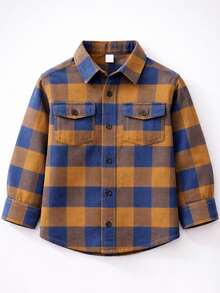 Unisex Flannel Plaid Shirt For Children, Long Sleeves, For June Festivals, Long-Sleeved Plaid Shirt - 芥末黃 - 查看 4