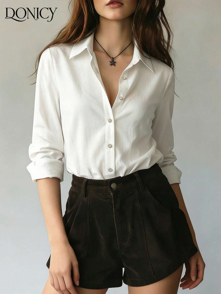 DONICY Women's Minimalist White Long Sleeve Shirt, Textured Fabric, Collared Button-Up Blouse, Suitable For Office And Casual Occasions - White - View 1