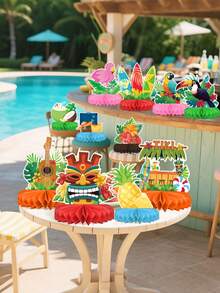 12件蜂巢中心裝飾品，3D紙製熱帶夏威夷Luau鳳梨裝飾，Aloha主題桌飾，包含Luau蜂巢中心裝飾品，適用於派對、Tiki酒吧、圖坦卡門、朱槿花、夏季泳池派對、室內花園、咖啡桌裝飾 - 夏威夷 - 查看 2