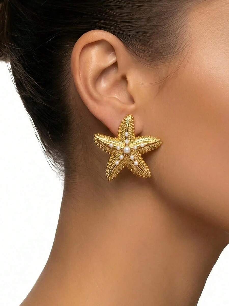 1 Đôi bông tai hình sao biển bằng kim loại thanh lịch đính ngọc trai, đa năng, thích hợp đeo hàng ngày, hoặc làm phụ kiện sang trọng cho kỳ nghỉ biển, hẹn hò và buổi tối dành cho nữ. - Vàng - Xem 1