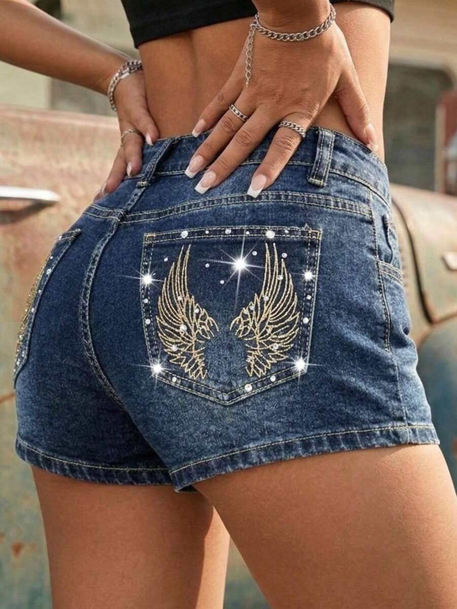 Pantalones cortos vaqueros de pierna recta casuales para mujer alta, con decoración de botones, diseño de moda - Azul lavado oscuro - Ver 1