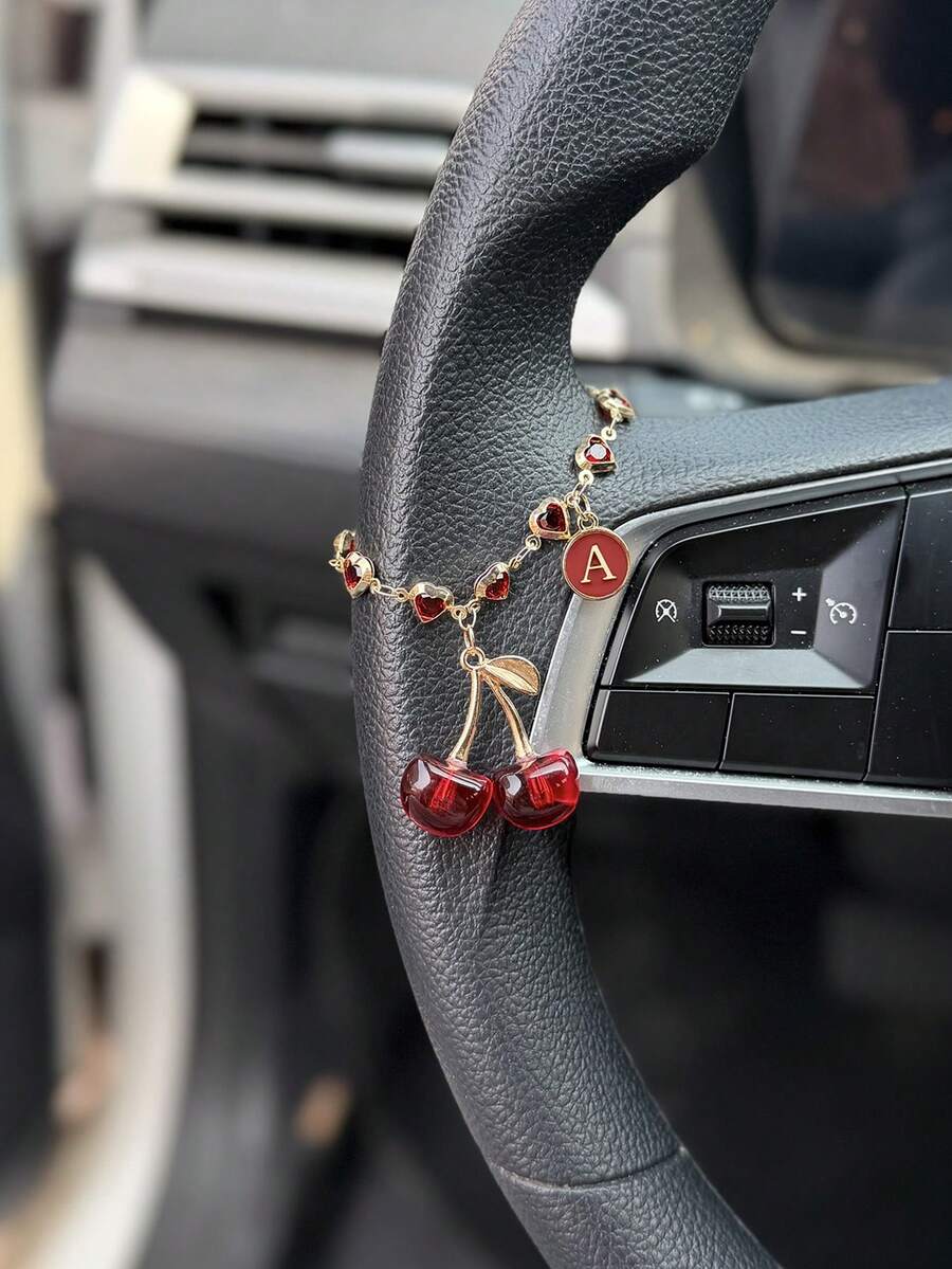 1pc Alloy Cherry Letter Car Steering Wheel Decorative Chain Interior Suspension Decorative Accessories - A - View 1