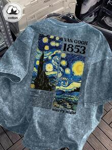 Áo thun nữ cỡ lớn in chữ cổ điển họa tiết bầu trời đầy sao của Van Gogh, phong cách thường ngày mùa hè. - Xanh đậm - Xem 6