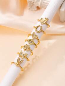 Bộ 3/4 chiếc nhẫn mạ vàng 14K dễ thương, thiết kế hình bướm/thỏ/cỏ ba lá/hành tinh/vương miện/trái tim, kiểu nhẫn mở có thể điều chỉnh kích thước, phù hợp để đeo hàng ngày và dự tiệc. - Vàng - Xem 1