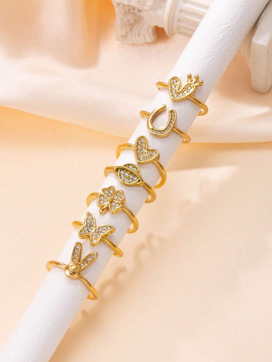 Bộ 3/4 chiếc nhẫn mạ vàng 14K dễ thương, thiết kế hình bướm/thỏ/cỏ ba lá/hành tinh/vương miện/trái tim, kiểu nhẫn mở có thể điều chỉnh kích thước, phù hợp để đeo hàng ngày và dự tiệc. - Vàng - Xem 1